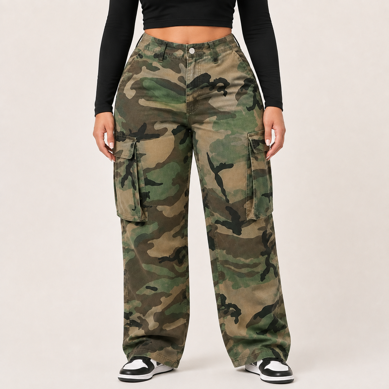 Green Woodland Camo high-rise cargo denim jeans, front view