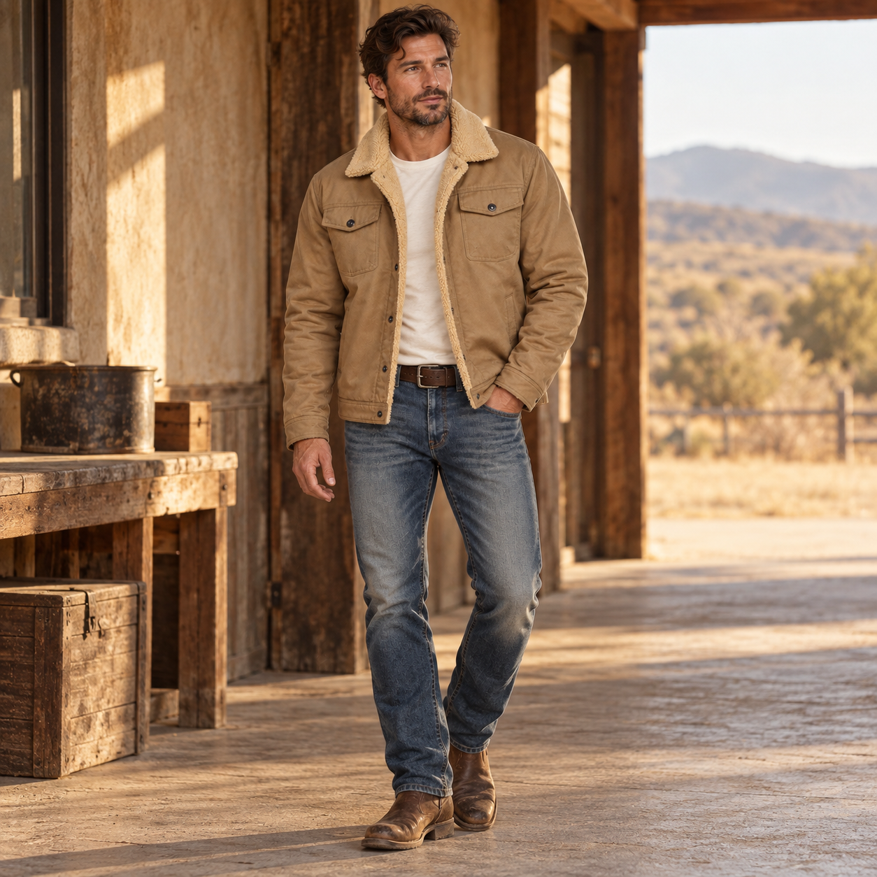 Khaki sherpa-lined trucker jacket front view