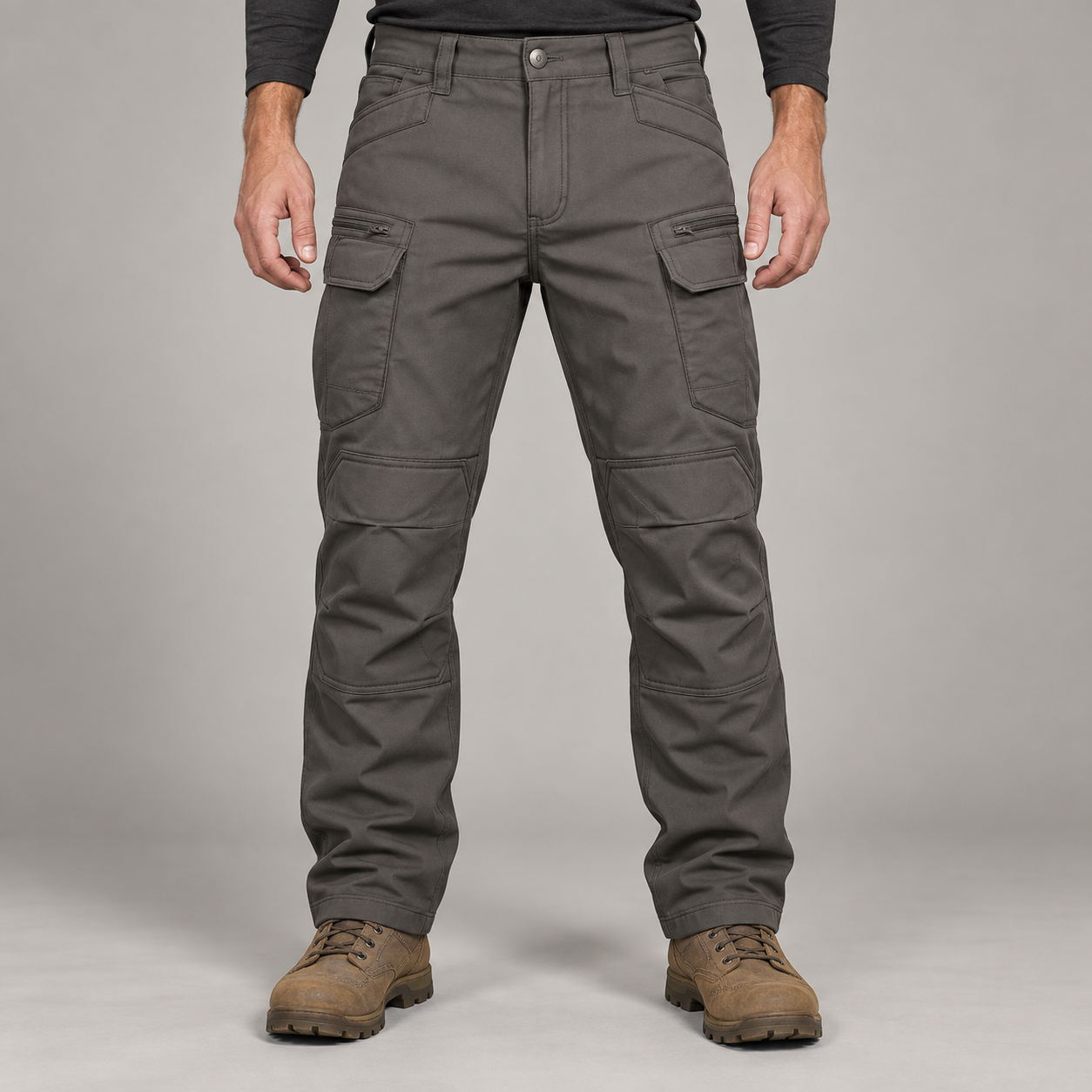 Charcoal cargo pants front construction view