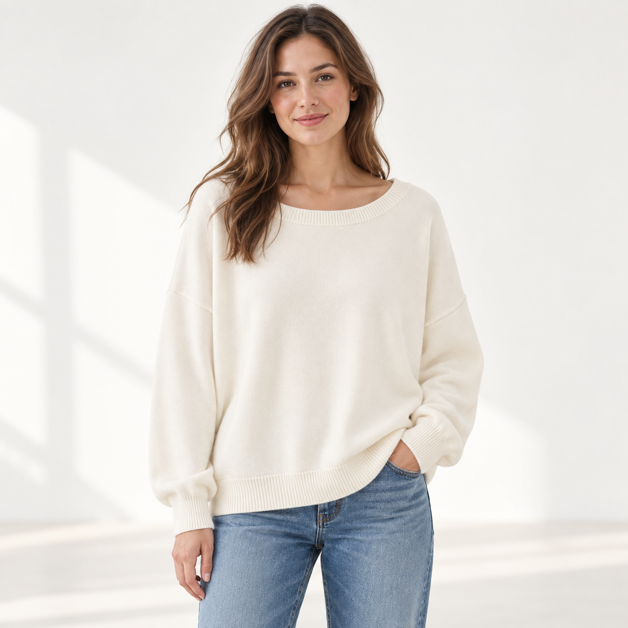 Front fit view of a woman wearing the relaxed scoop-neck long-sleeve sweater