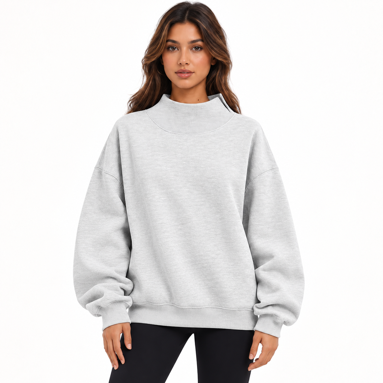 Front view of oversized mock neck sweatshirt