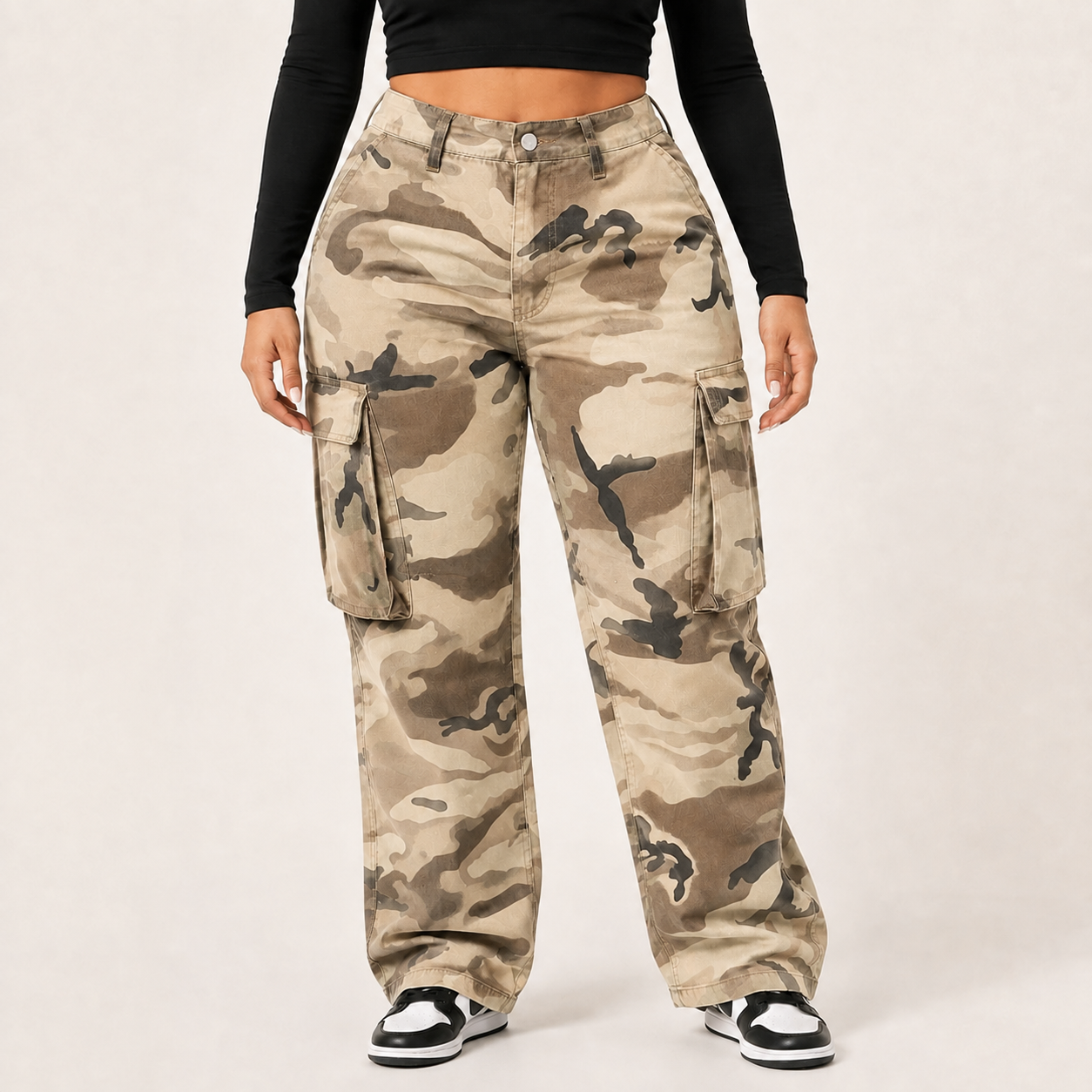 Women's Desert Tan Camo high-rise cargo denim jeans, front view