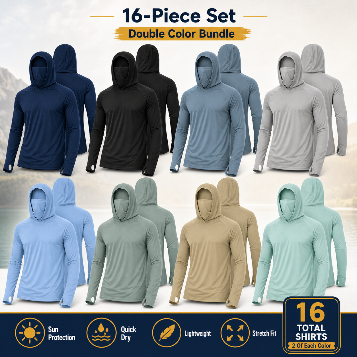 Men's hooded sun shirt mixed 16 pack