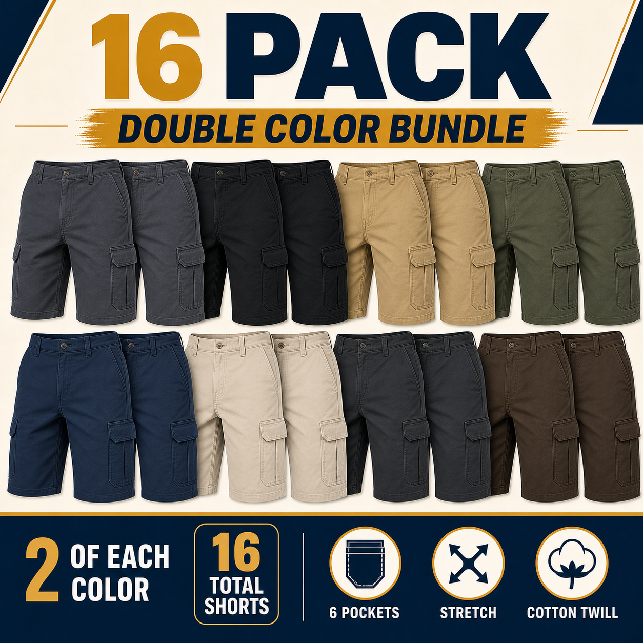 Men's classic stretch cargo shorts mixed 16 pack