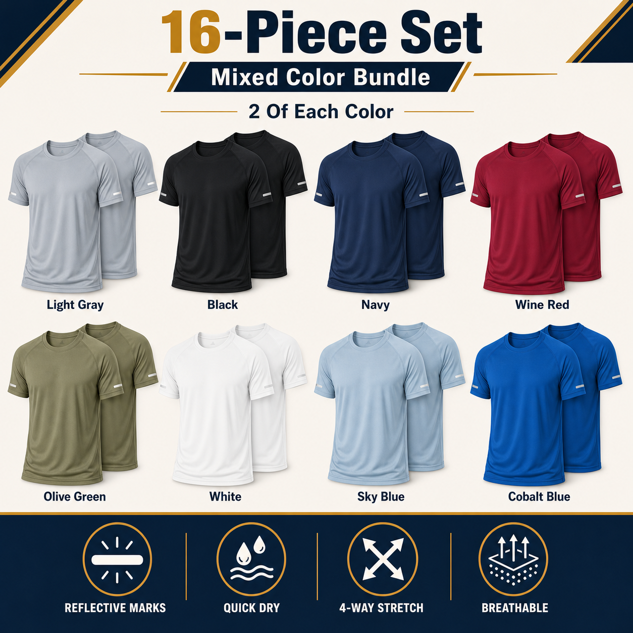 Men's reflective quick dry athletic tee mixed 16 pack