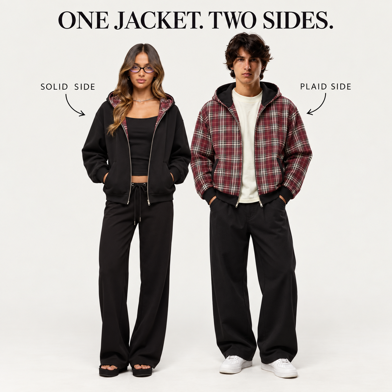 Women and men modeling the solid and plaid reversible sides