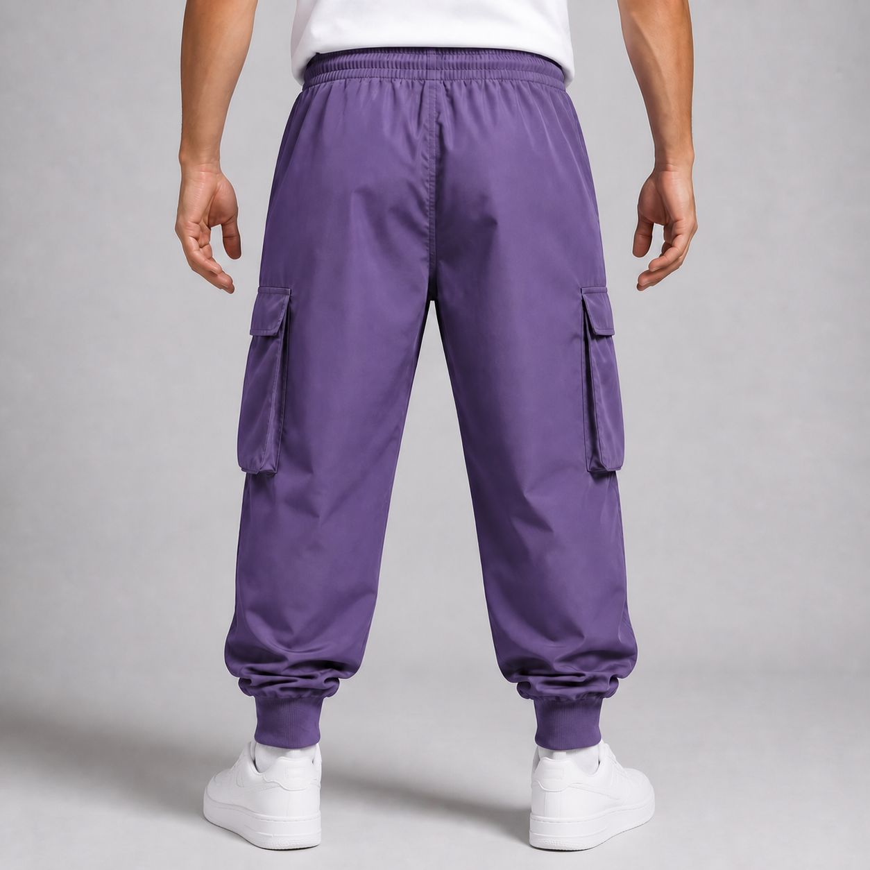 Back view of Purple men's lightweight cargo jogger pants