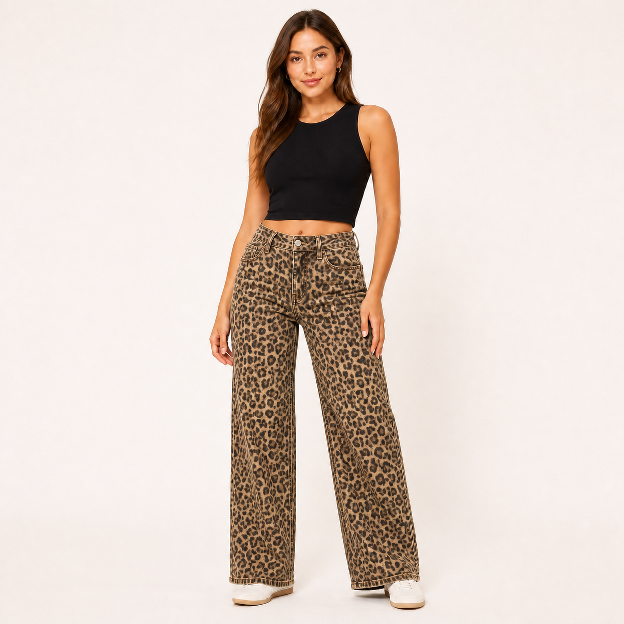 Women's stretch wide-leg jeans in Classic Leopard