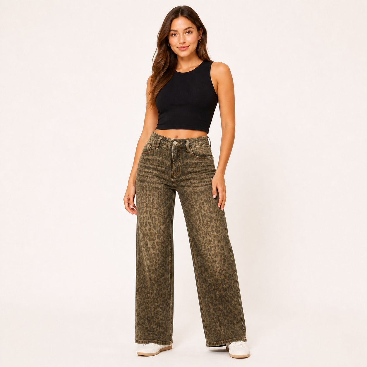 Women's stretch wide-leg jeans in Olive Brown Leopard