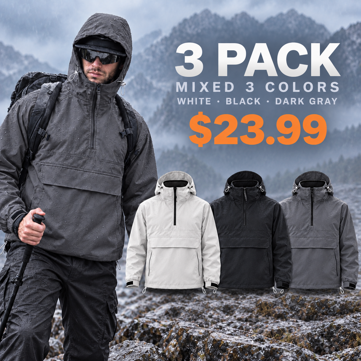 Regular 3 Pack in White Black and Dark Gray