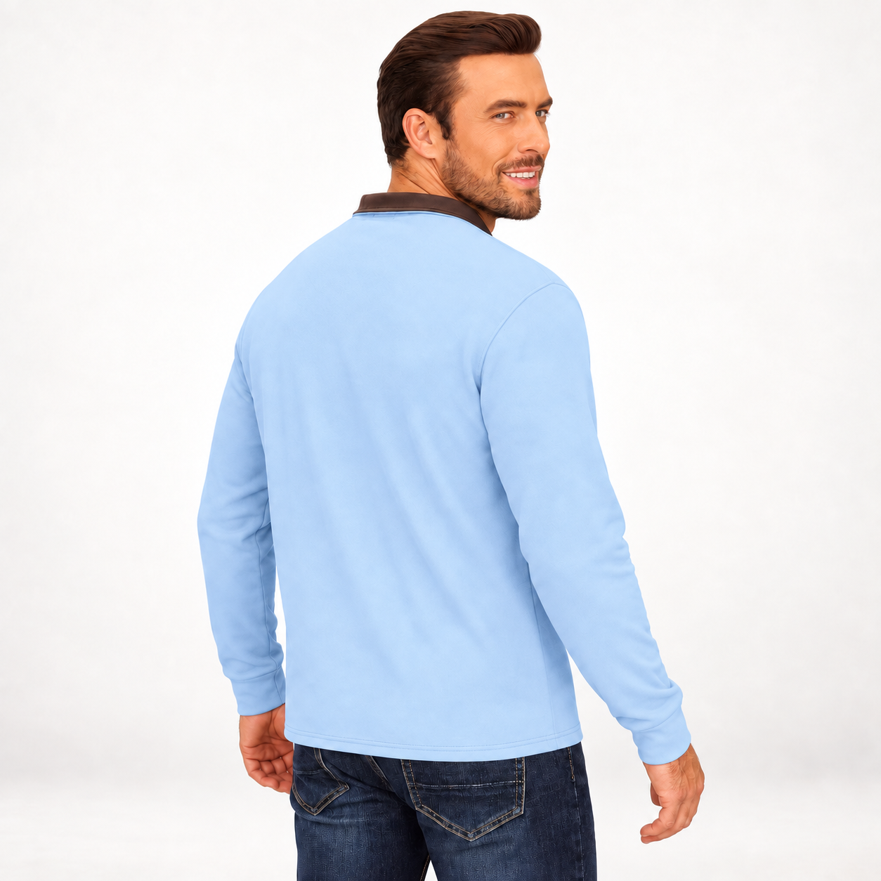 Back view of the A - Light Blue quarter-zip pullover showing the straight rib hem and clean back