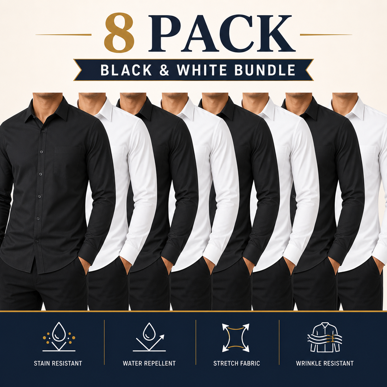 Men's black and white dress shirt 8-pack bundle