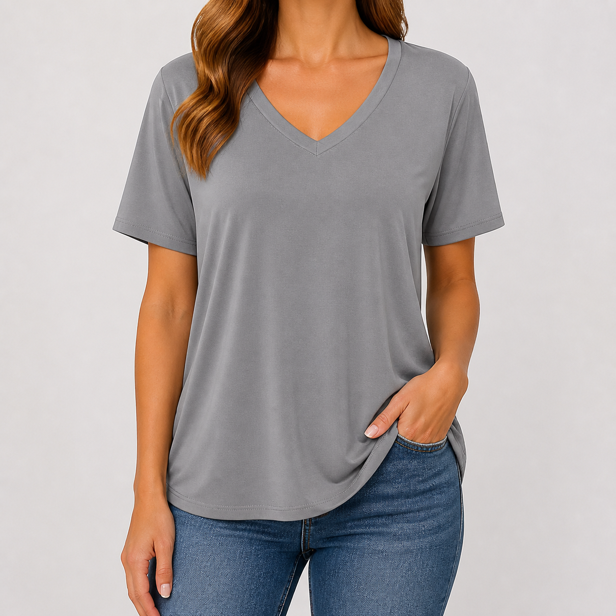 Grey women's soft V-neck half-sleeve T-shirt model try-on