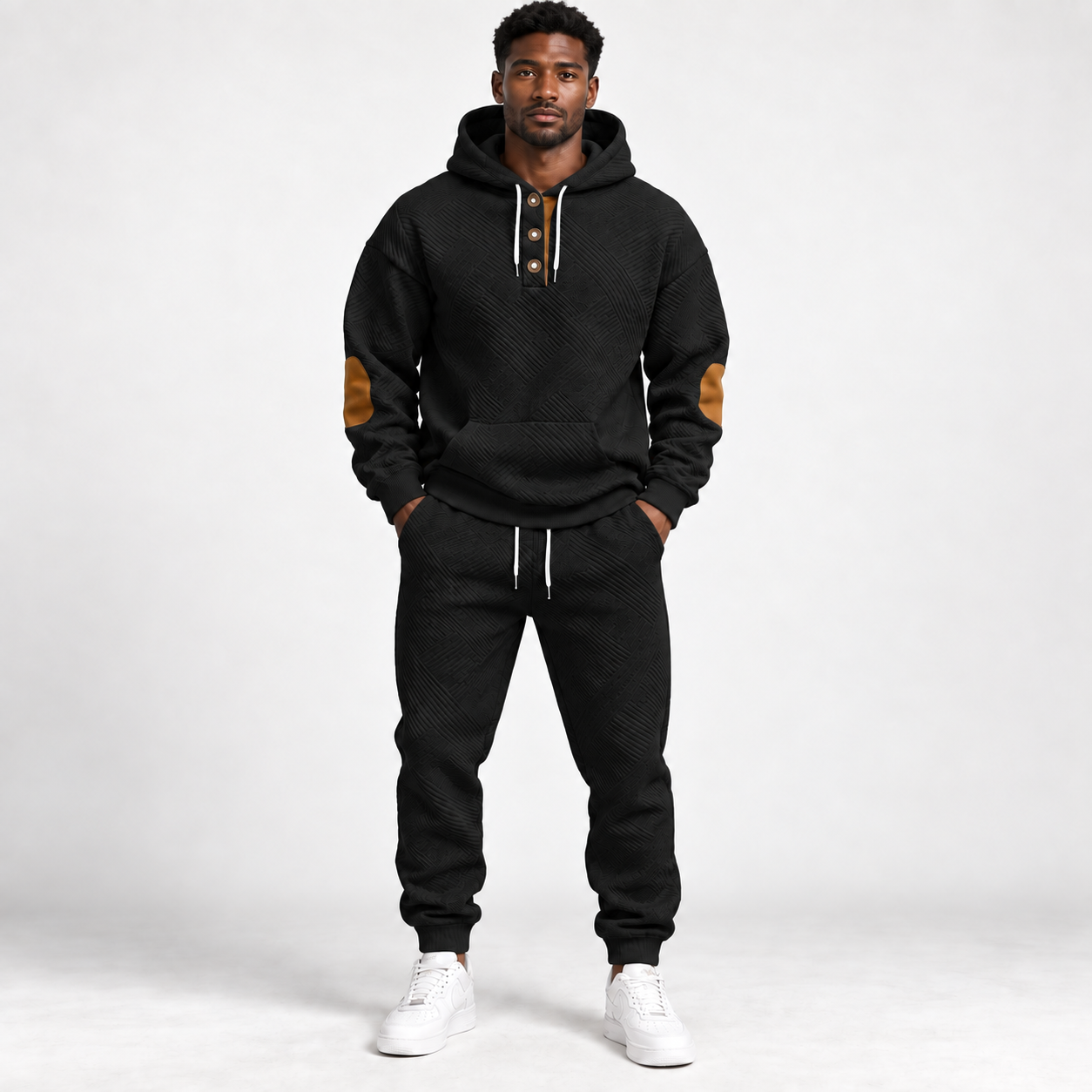 KRUIDA Men's 2-Piece Textured Hoodie Tracksuit - front black