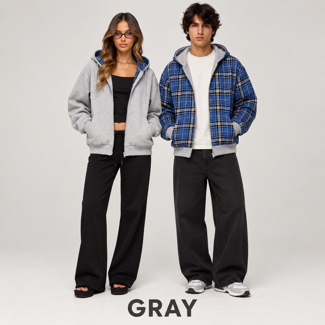 Gray reversible plaid hooded jacket modeled by women and men