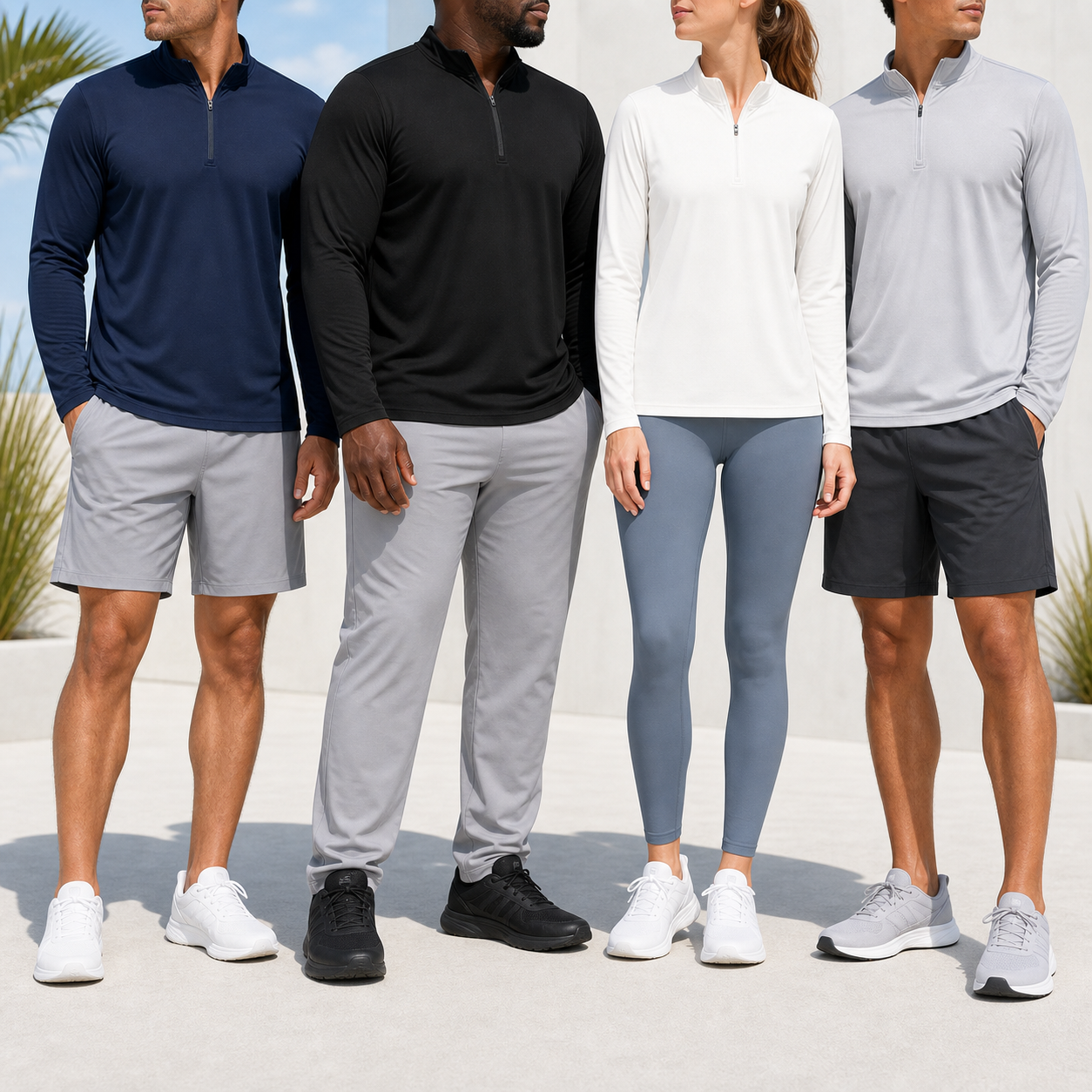 Men's 1/4 zip sun protection shirts group photo in core colors