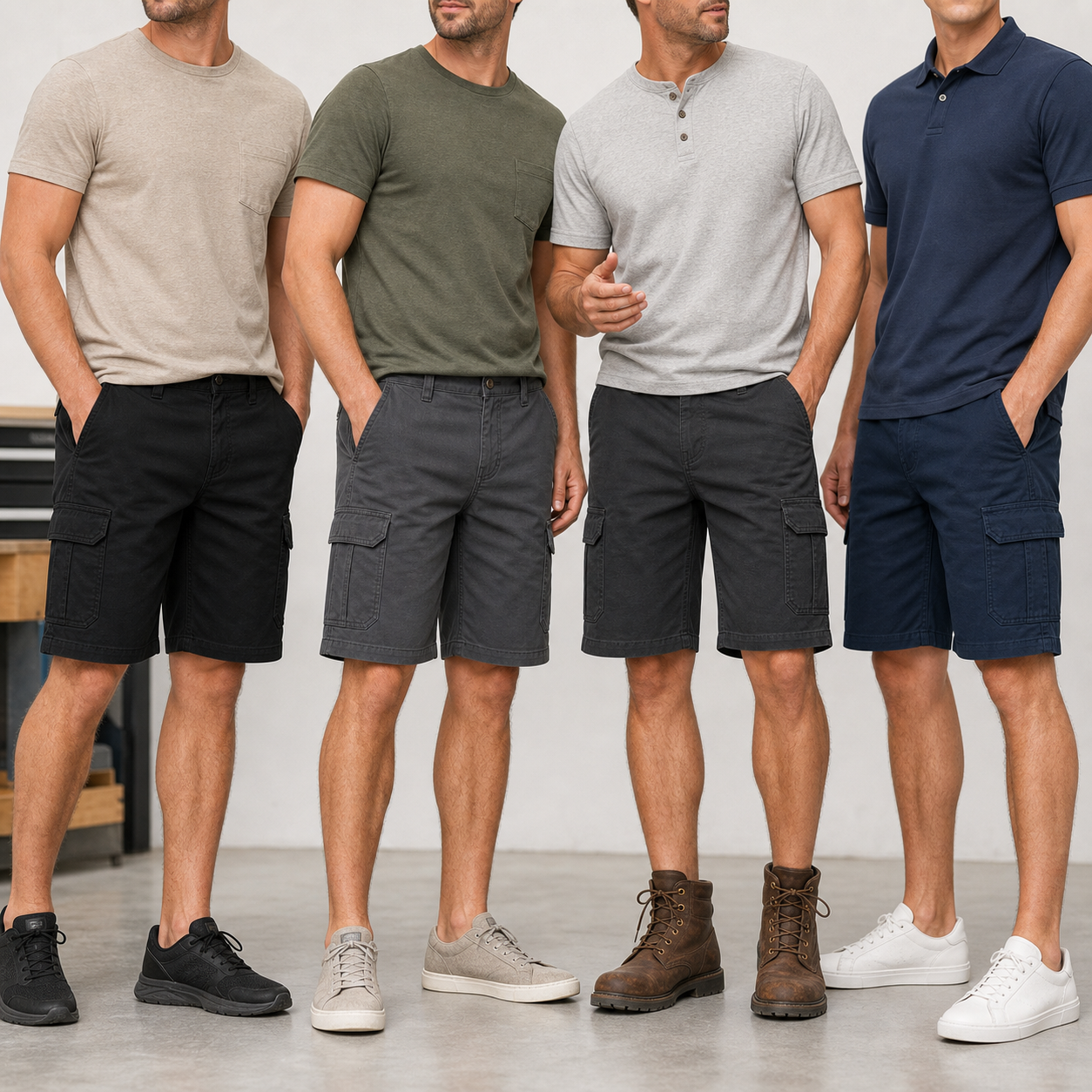 Men's cargo shorts group photo in dark colors