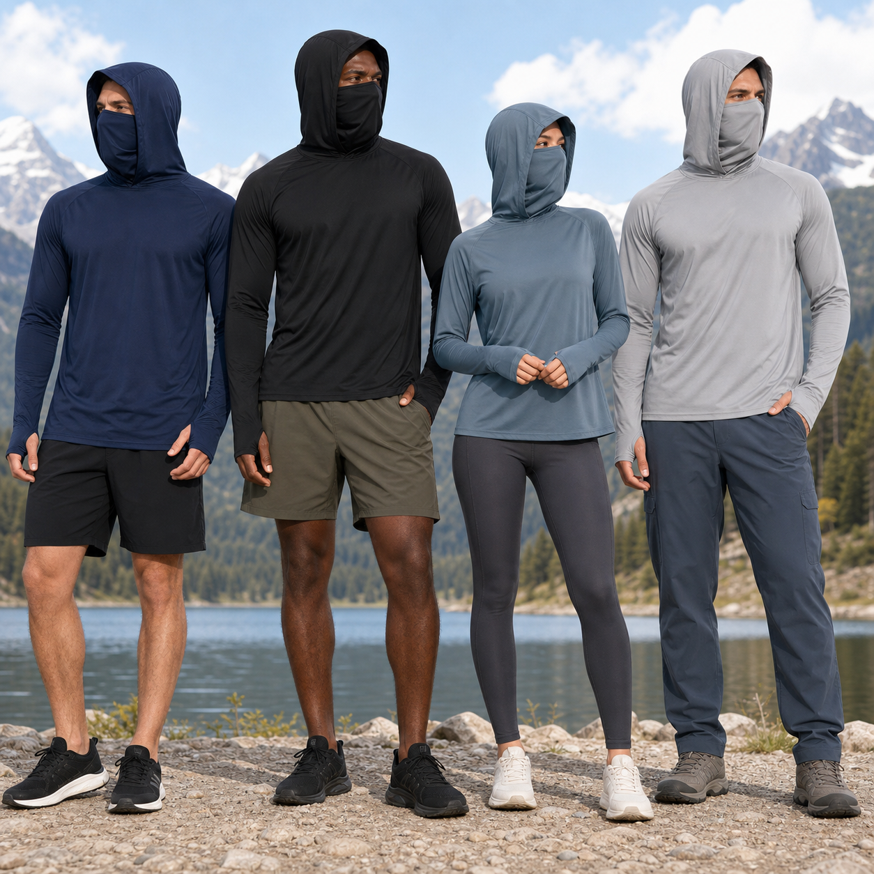 Men's hooded sun shirt group photo in dark colors