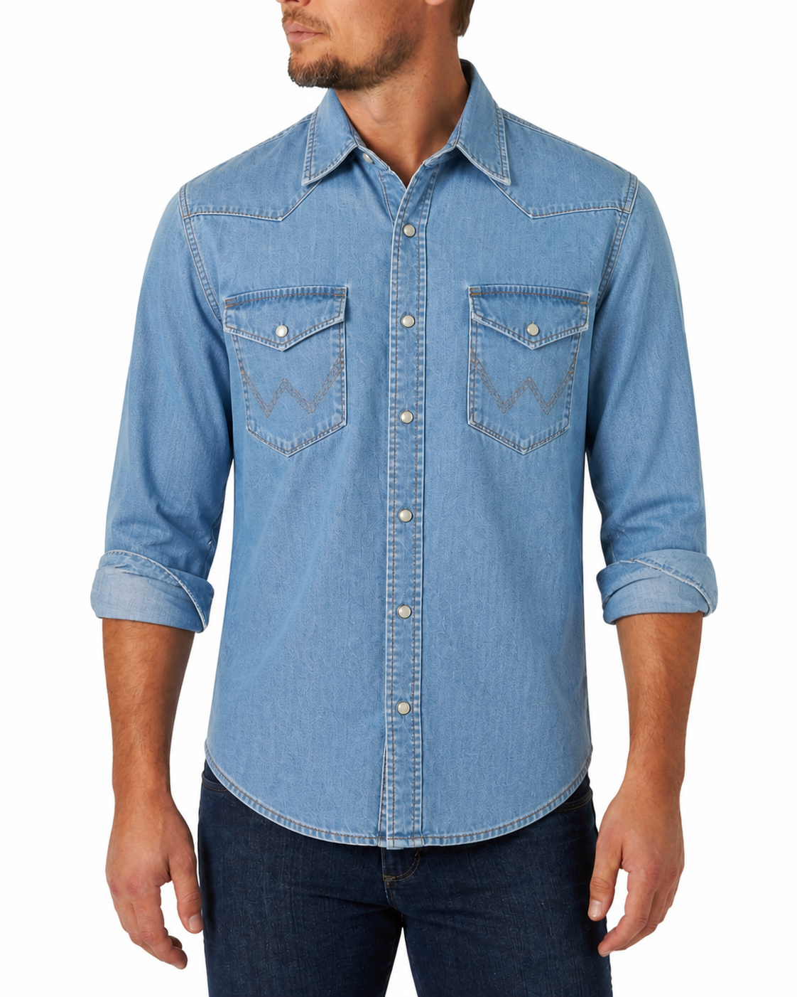 Lake Wash men's western snap shirt model try-on