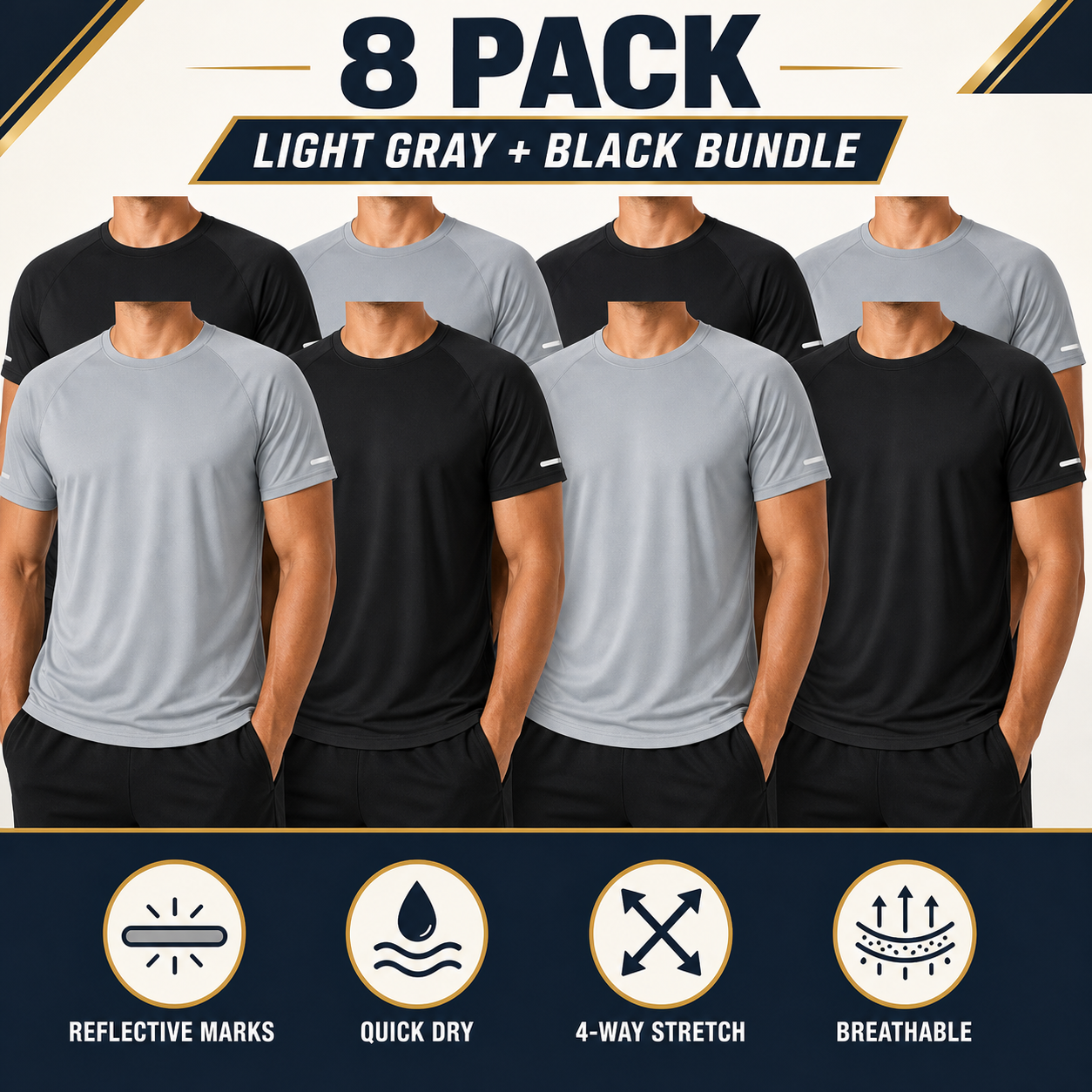 Men's reflective quick dry athletic tee light gray black 8 pack
