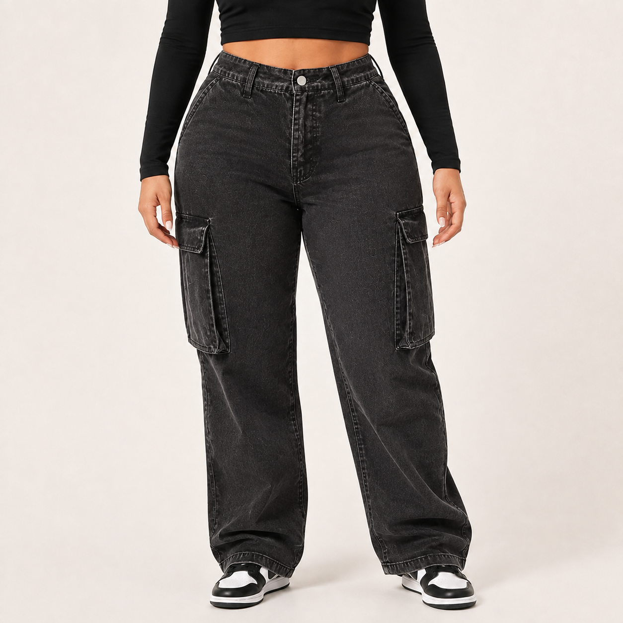 Women's Washed Black high-rise cargo denim jeans, front view