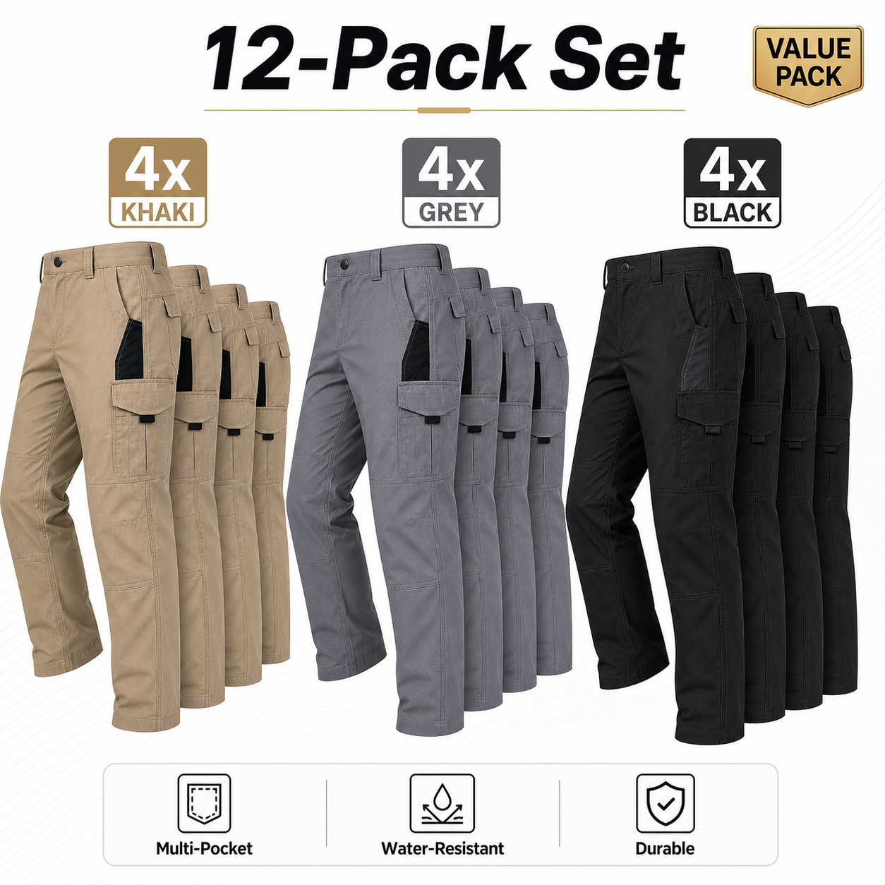 Mixed 12-Pack men tactical cargo work pants in Grey Khaki Black
