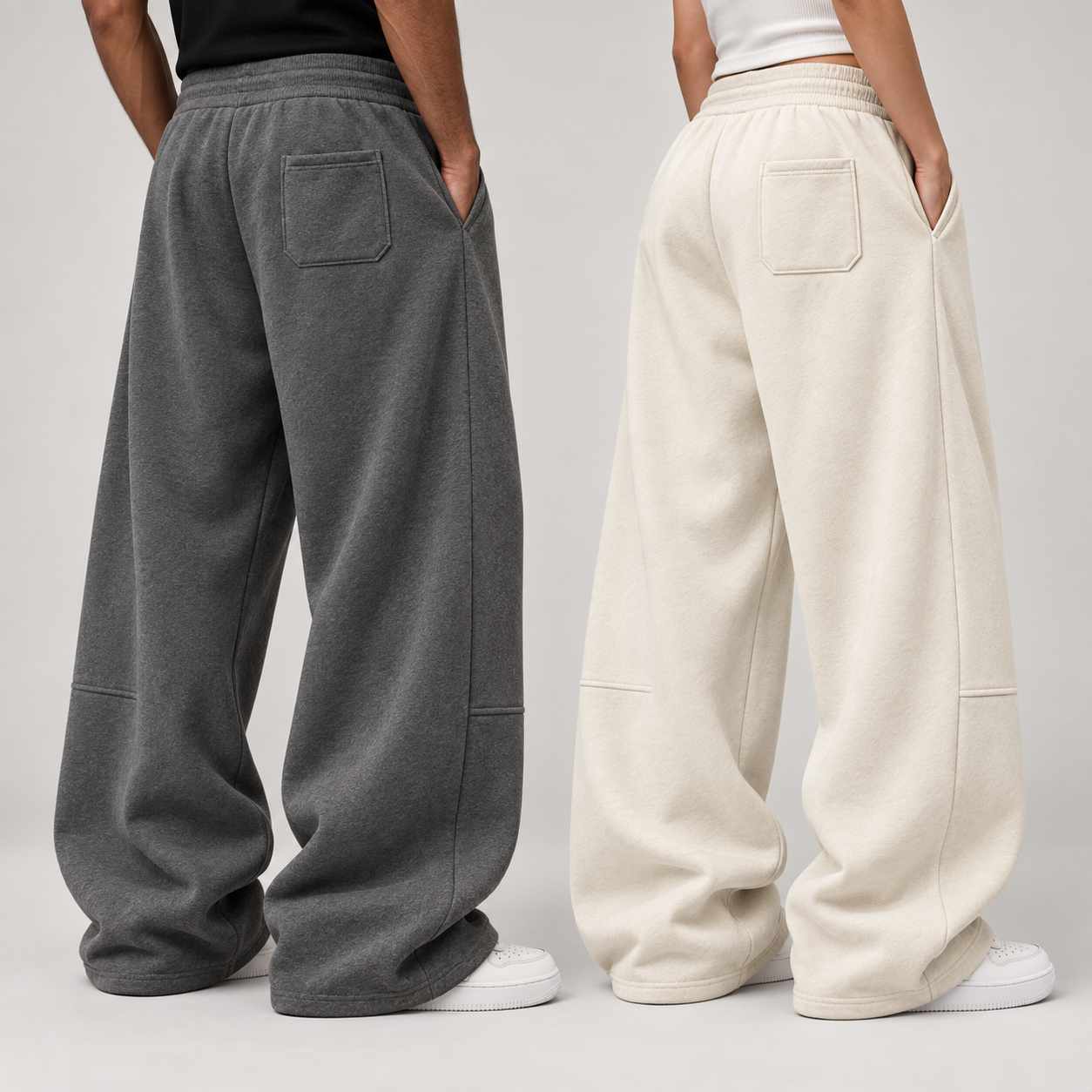 Waist-down side and back views showing the wide-leg drape, open hems, and back patch pockets.