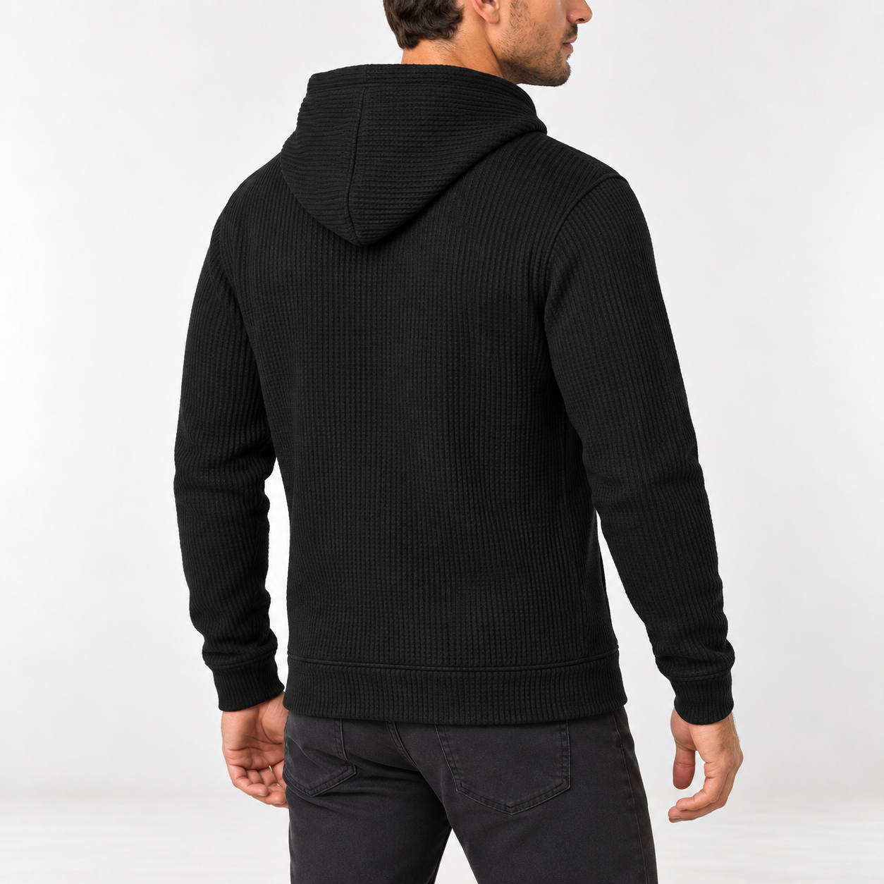 Side and back view of men's Black waffle knit pullover hoodie