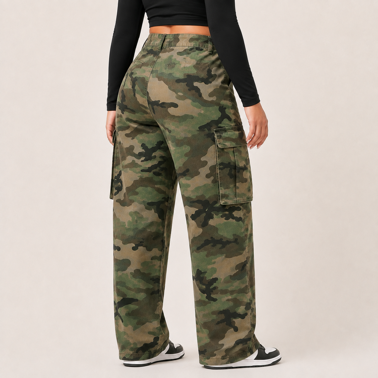 Green Woodland Camo cargo denim jeans, side and back view