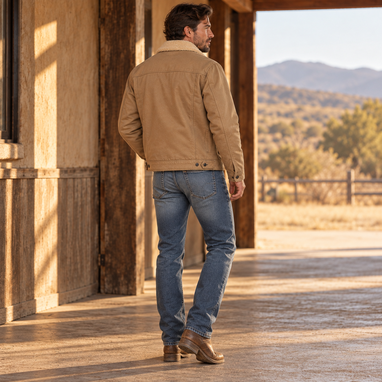 Khaki sherpa-lined trucker jacket side and back view