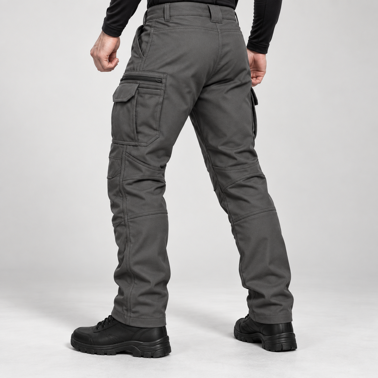 Charcoal cargo pants side and back construction view