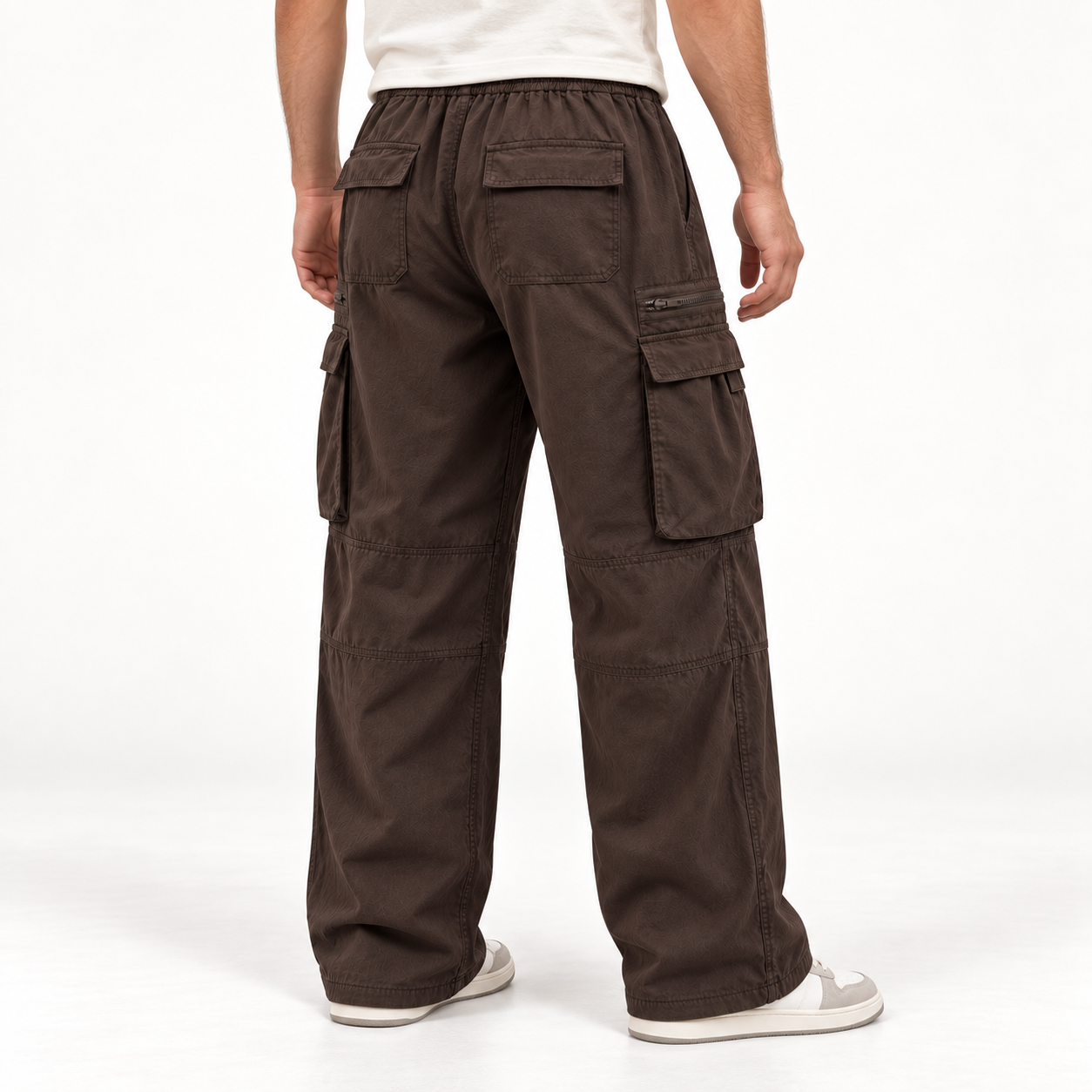 Rear three-quarter view of Dark Brown cargo pants showing the rear and thigh pockets