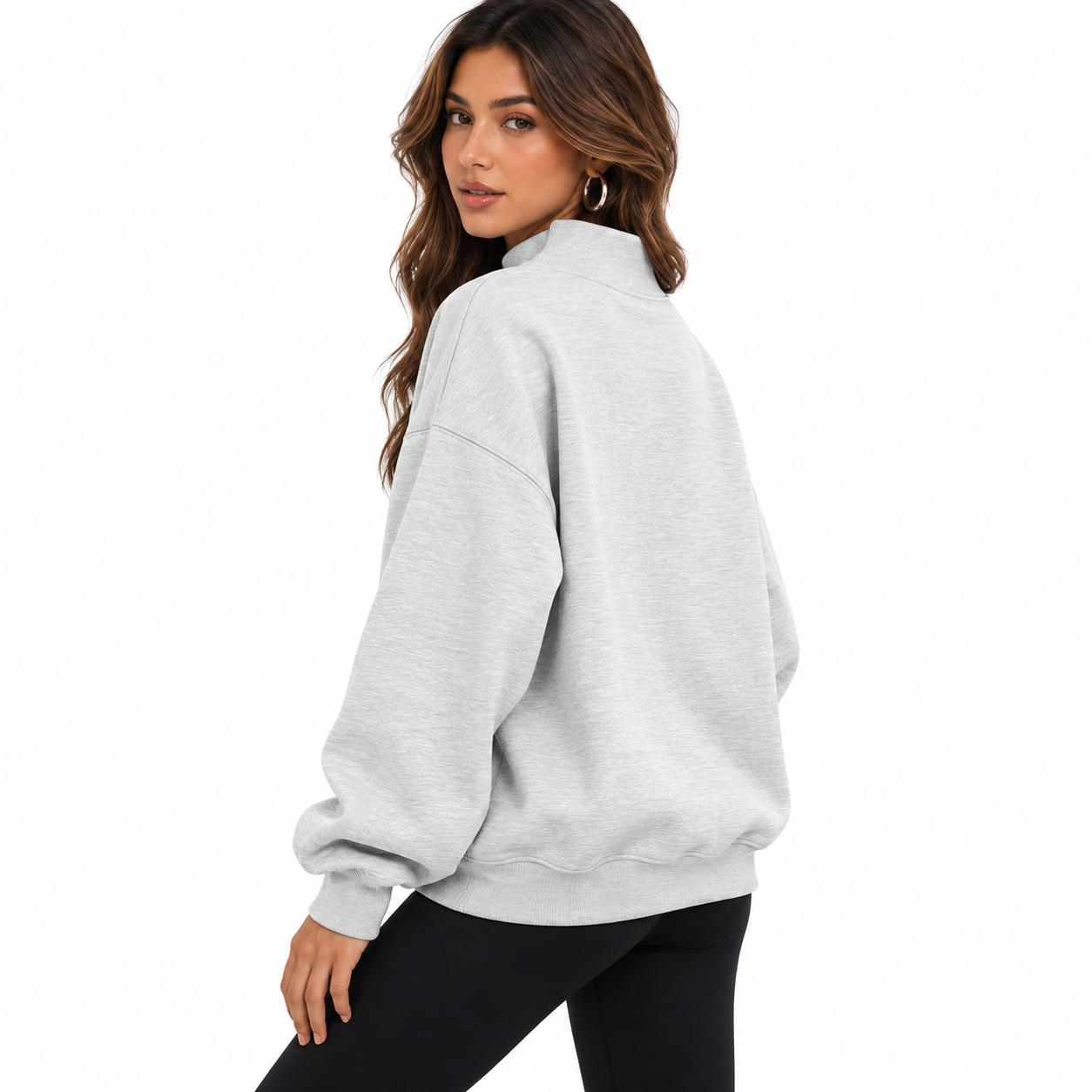 Side and back view of oversized mock neck sweatshirt