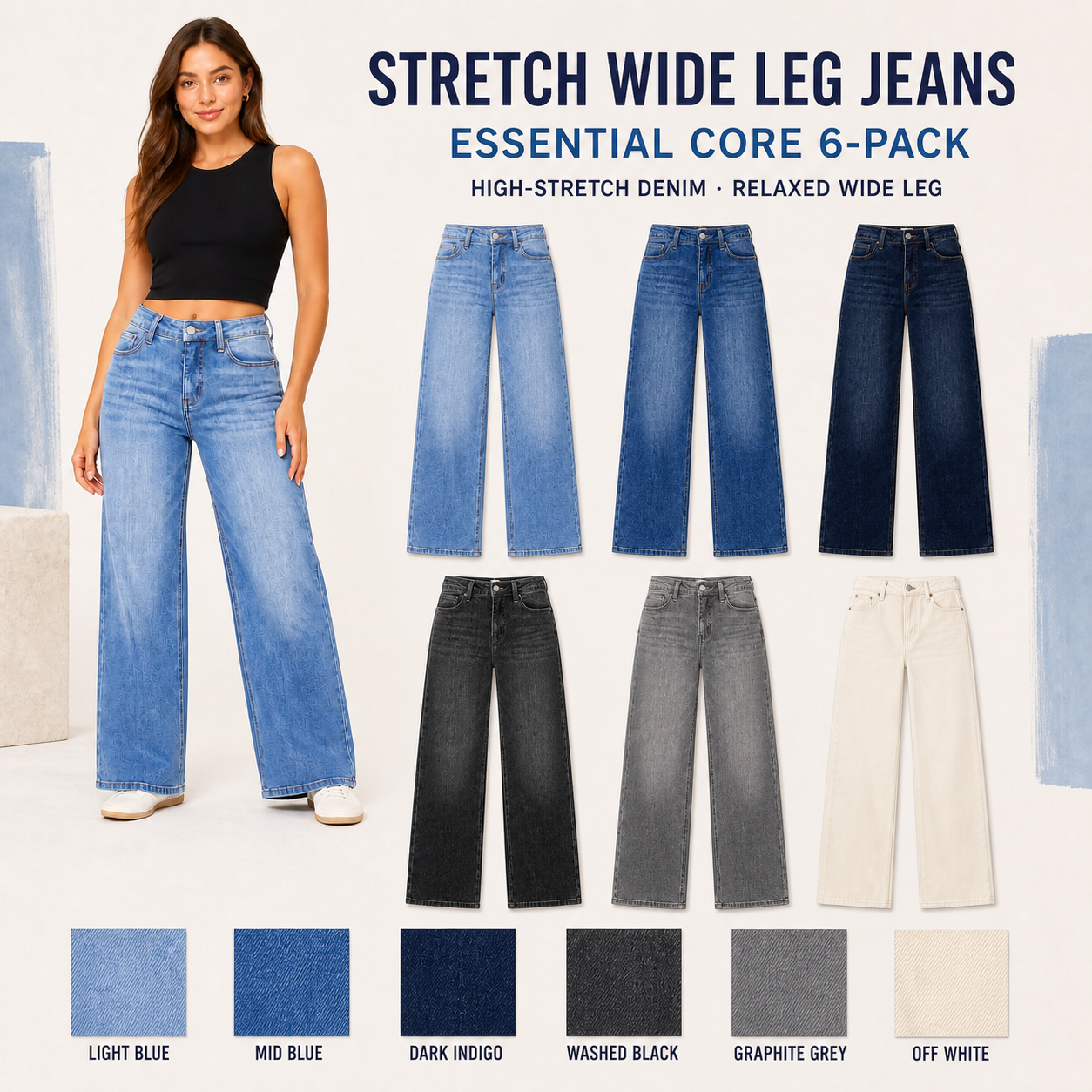 Women's stretch wide-leg jeans Essential Core 6Pack