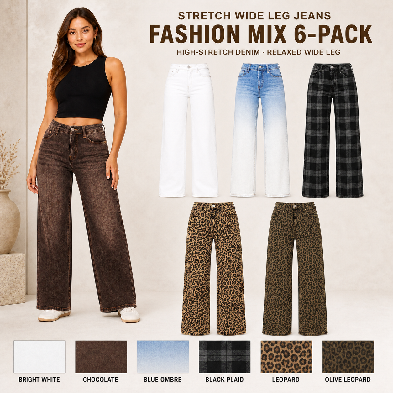 Women's stretch wide-leg jeans Fashion Mix 6Pack