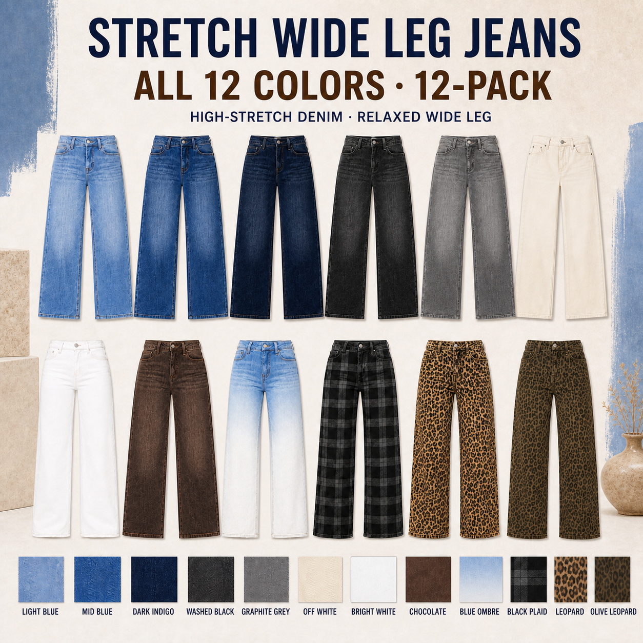 Women's stretch wide-leg jeans All 12 Colors 12Pack