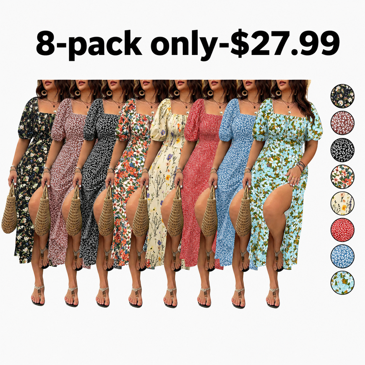 Women's floral square neck midi dress Mixed 8-Pack