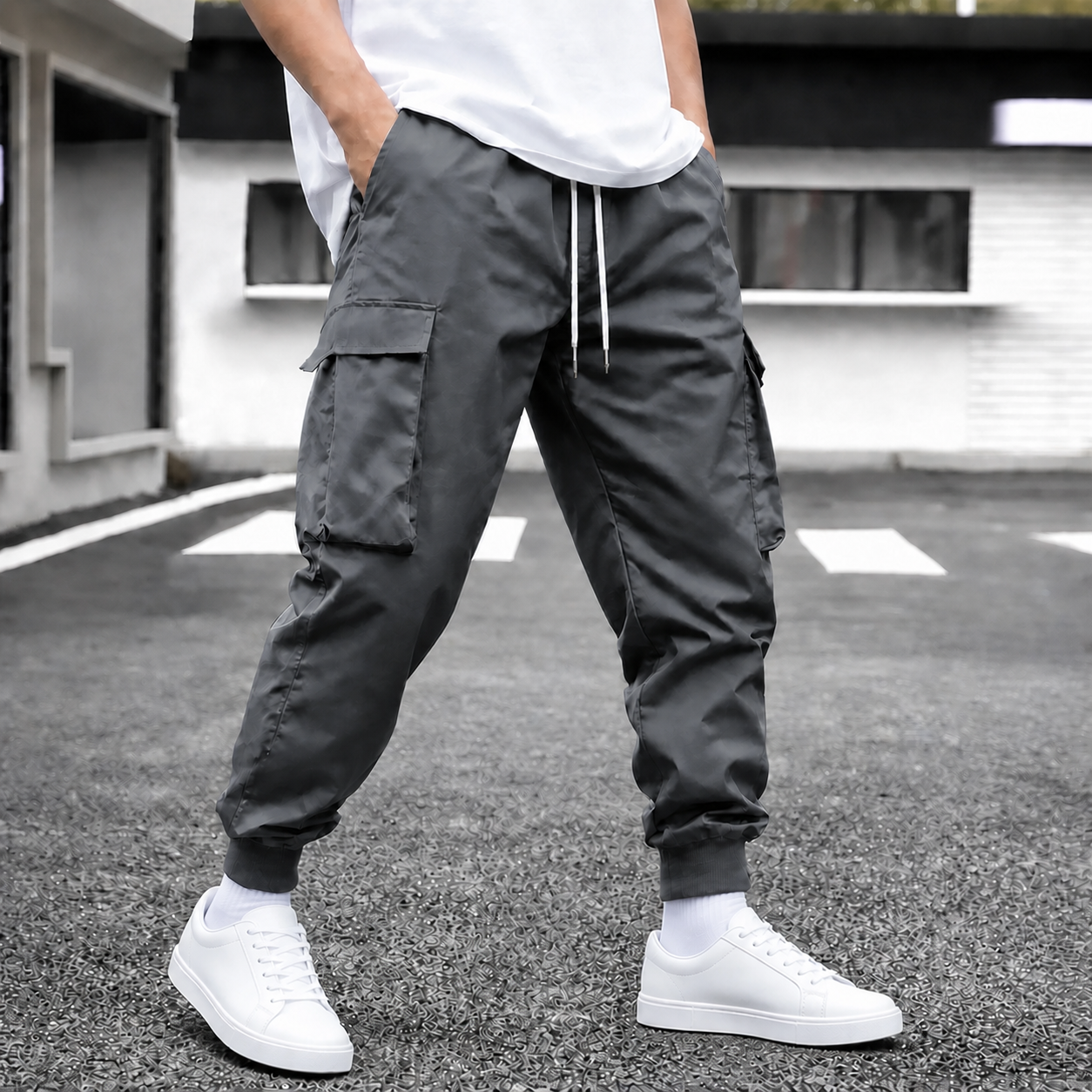 Dark Gray single-color cargo jogger pants