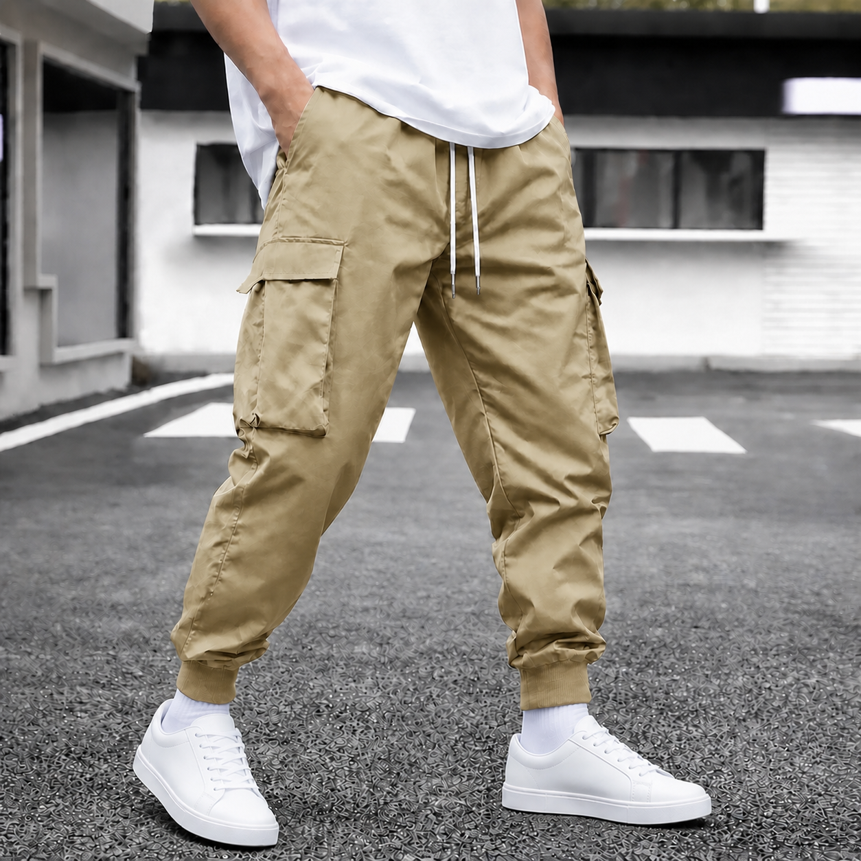 Khaki single-color cargo jogger pants
