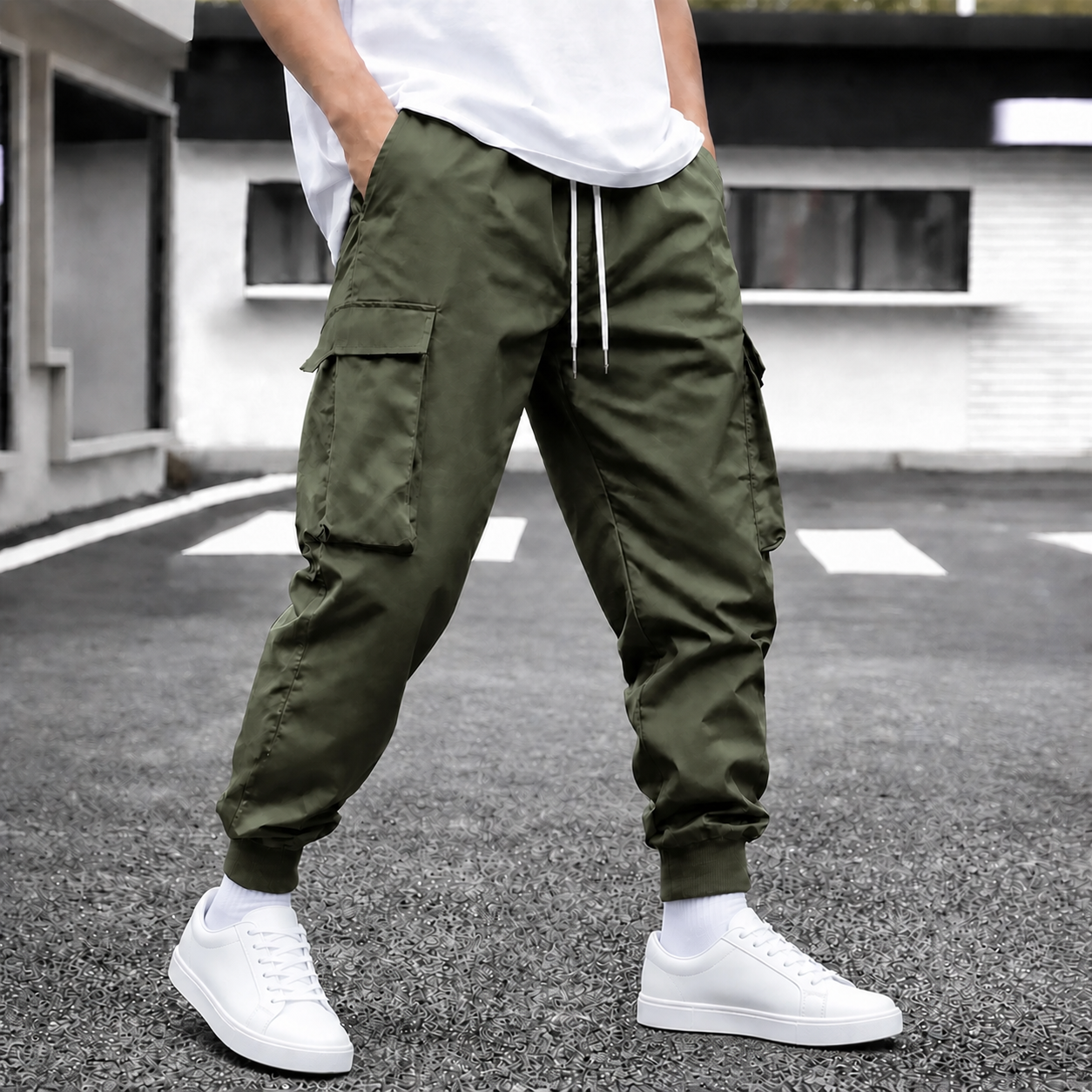 Army Green single-color cargo jogger pants
