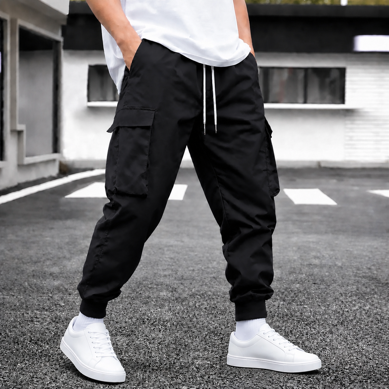 Black single-color cargo jogger pants