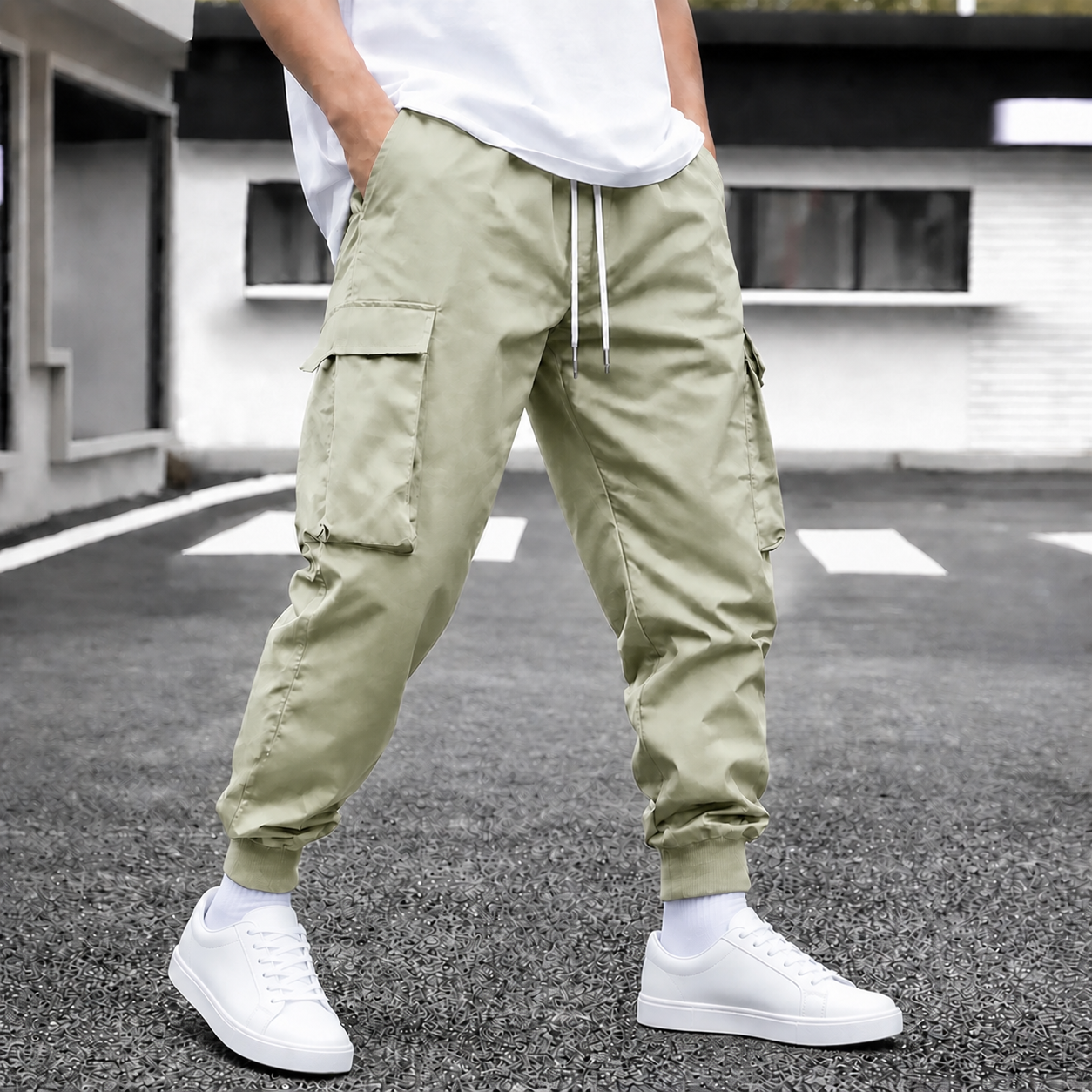 Pebble Lime single-color cargo jogger pants