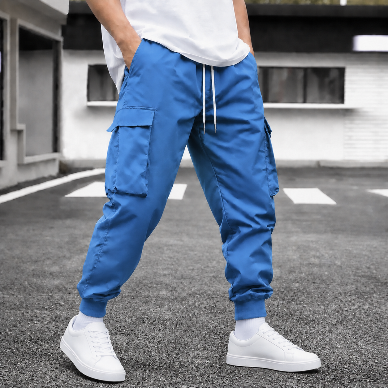 Blue single-color cargo jogger pants