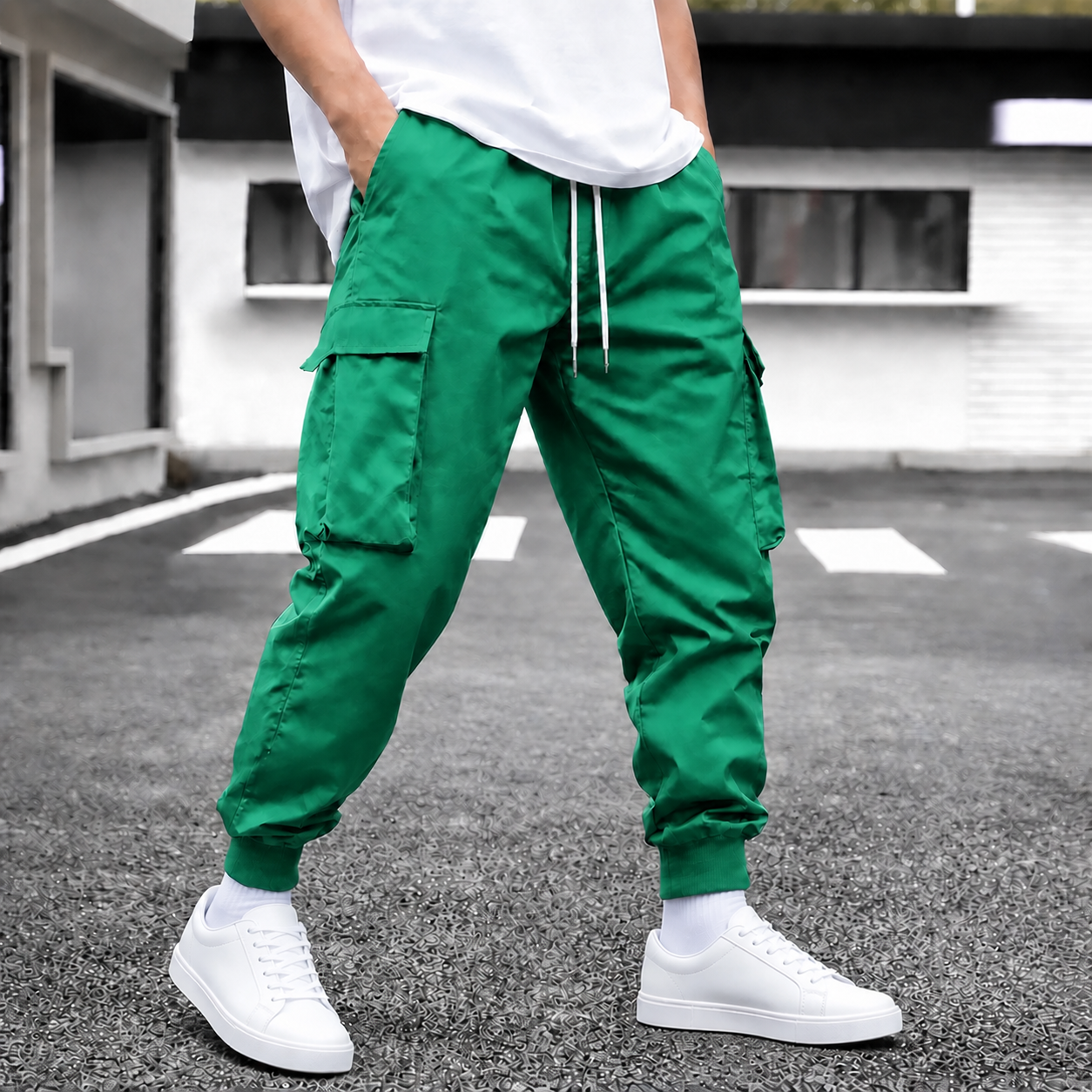 Green single-color cargo jogger pants