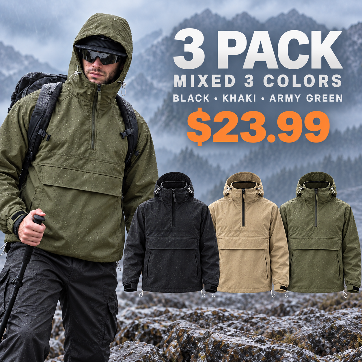 Regular 3 Pack in Black Khaki and Army Green