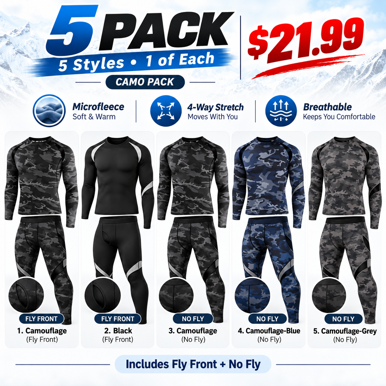 5PACK Camo Pack - Regular - five complete thermal sets