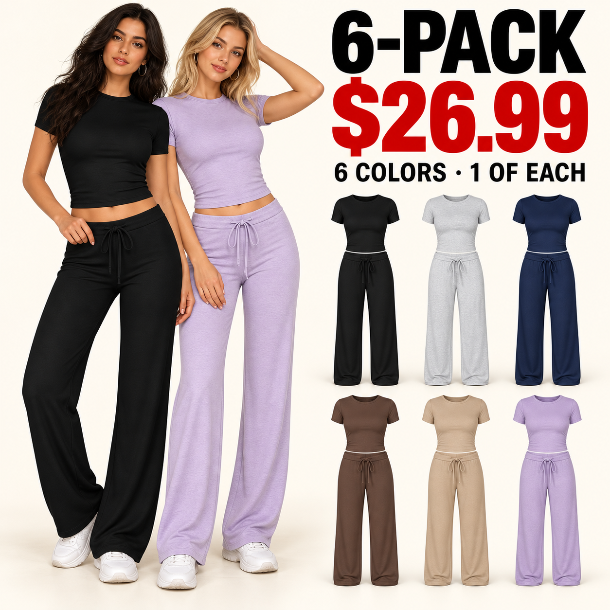 6PACK women’s modal lounge set with model styling and six colors
