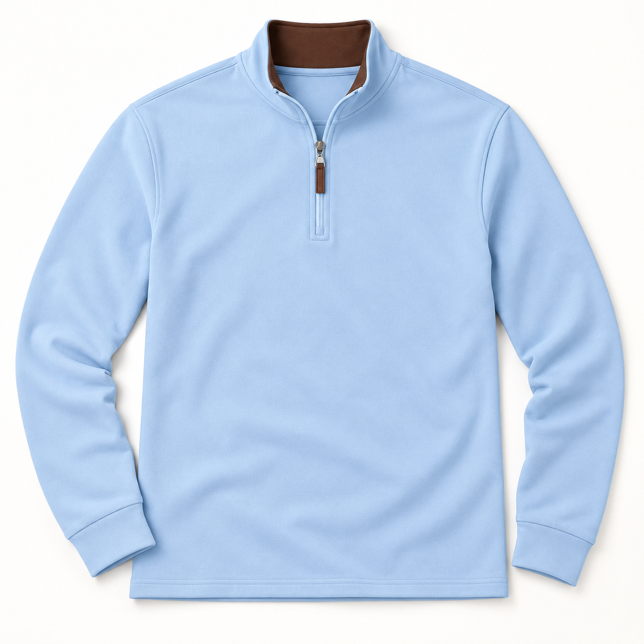 Close-up flat lay of the light blue quarter-zip collar, zipper, rib cuffs, straight hem, and fleece texture