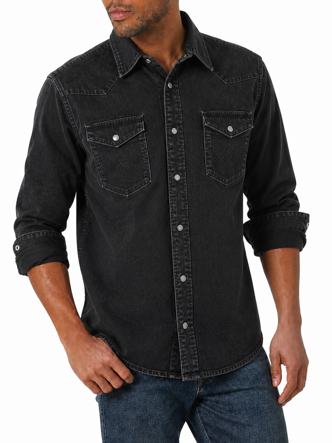 Black Denim men's western snap shirt model try-on