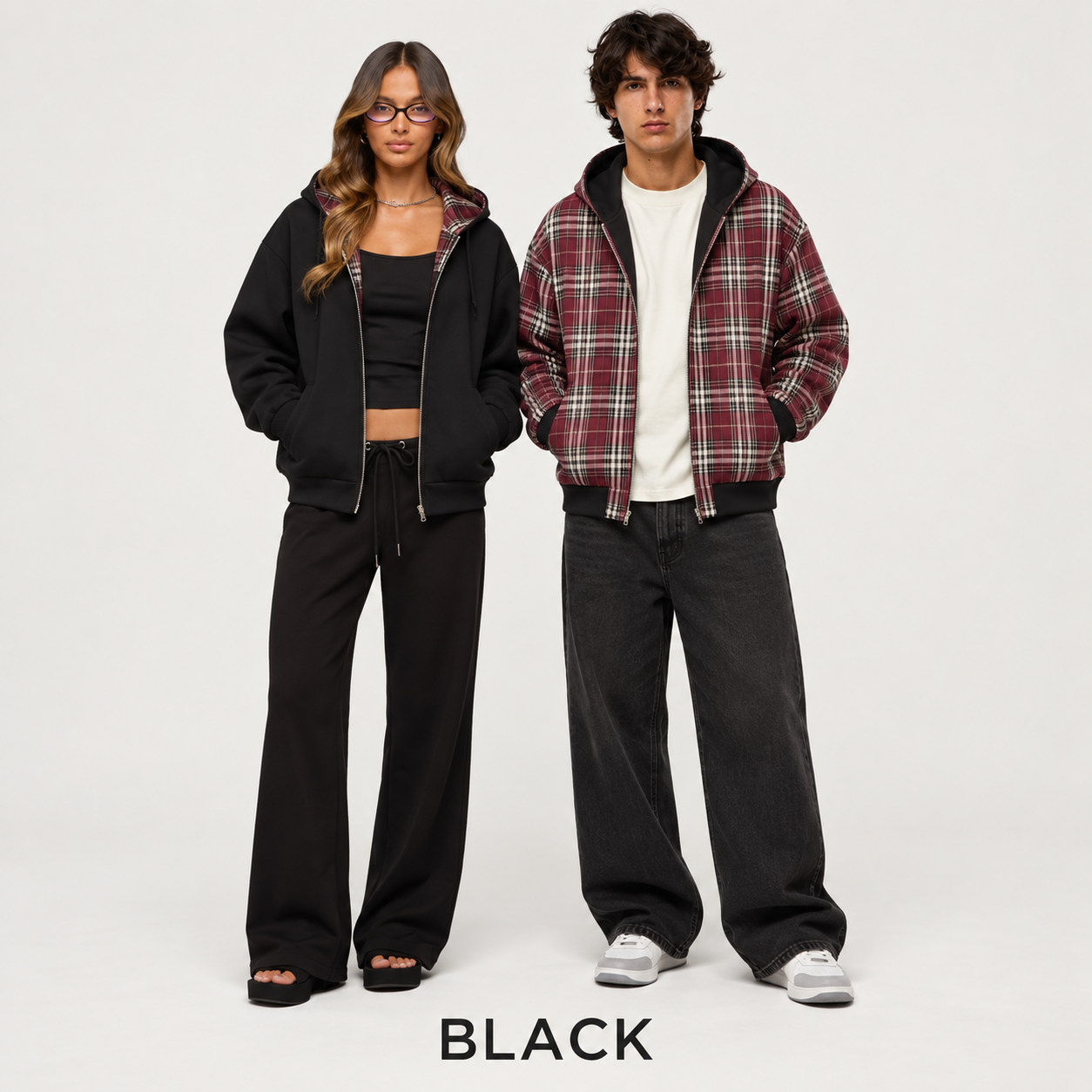 Black reversible plaid hooded jacket modeled by women and men
